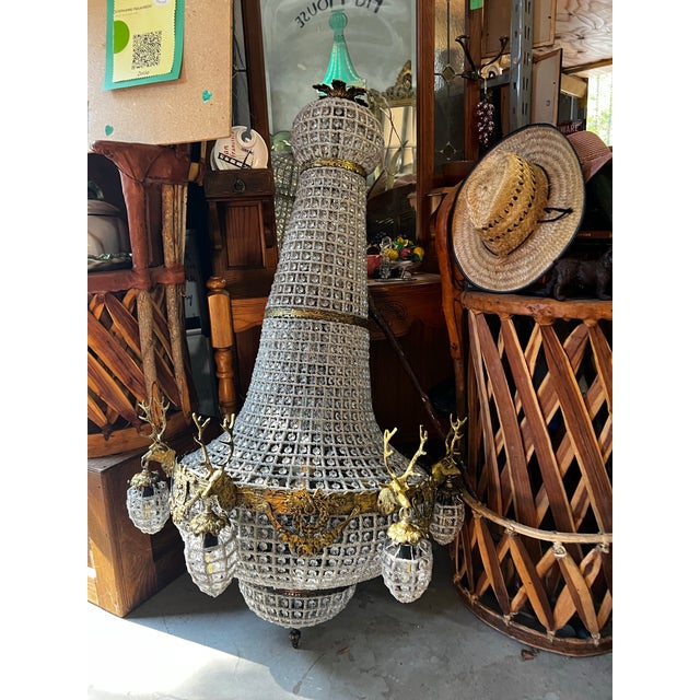 Metal Vintage Extra Large Gold and Crystal Deer Head 18-Light Chandelier For Sale - Image 7 of 12