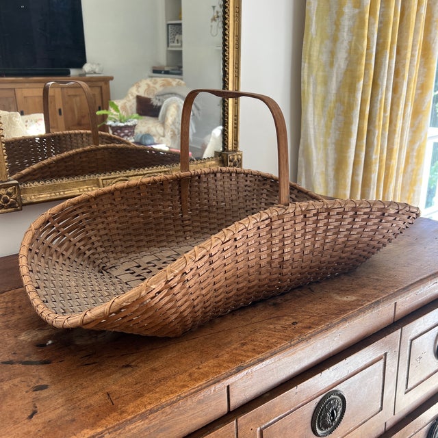 Antique Rustic Willow Wicker Garden Gathering Basket With Bentwood Handle