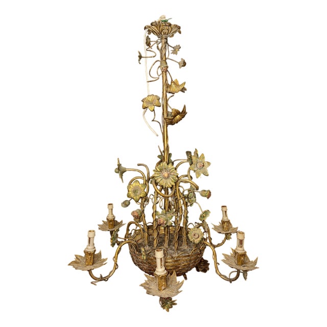 Large Art Nouveau Floral Chandelier in Bronze and Patinated Metal, 1890s For Sale