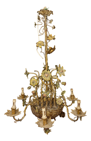 Large Art Nouveau Floral Chandelier in Bronze and Patinated Metal, 1890s
