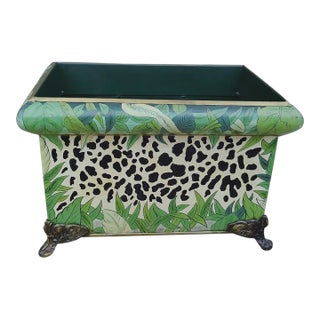 Vintage John Richard Jungle Leopard Print Tole Metal Planter Cachepot W/Brass Lion Head Rings Ornate Feet For Sale