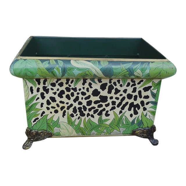 Vintage John Richard Jungle Leopard Print Tole Metal Planter Cachepot W/Brass Lion Head Rings Ornate Feet For Sale