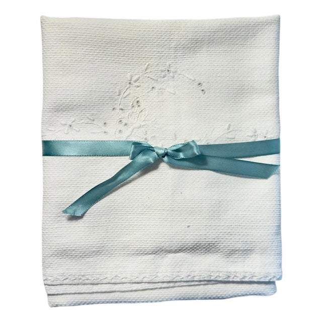 French Antique Linen Tea Towel - Dual C Monograms - Hemstitched Drawn Thread Border 1900s For Sale