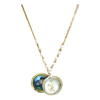 14k Gold Turn of the Century Open Locket, Gold and Pearl Chain For Sale