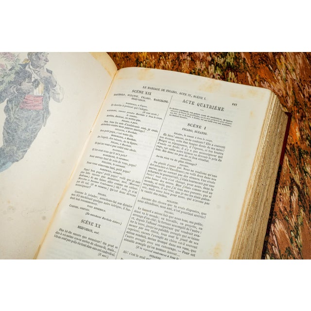 Beautiful Ornate Red Leather Antique French Book Works of Beaumarchais Hand Painted Illustrations For Sale - Image 9 of 12