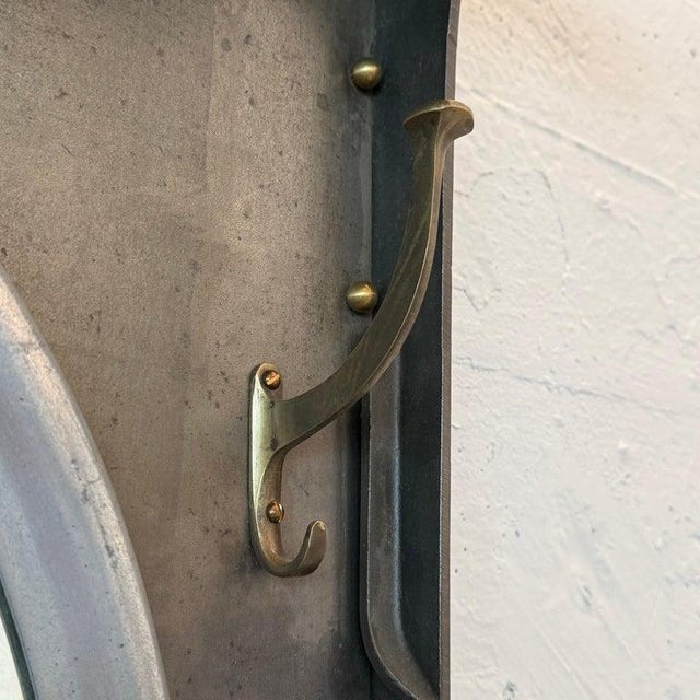 1920s Custom Industrial Brushed Steel Entryway Hall Tree Wall Mirror For Sale - Image 12 of 12