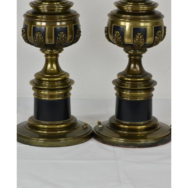Hollywood Regency 1960's Stiffel Hollywood Regency Gold Brass Acanthus Leaf Detailing Black Enamel Accent Table Lamps - a Pair For Sale - Image 3 of 11