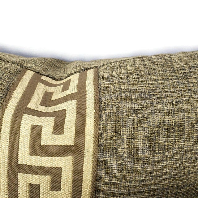 Tan and Black Textured Chenille With Brown and Cream Greek Key Trim Pillow Cover - 20" X 20" Solid Textured Chenille Cushion Cover For Sale In Portland, OR - Image 6 of 7