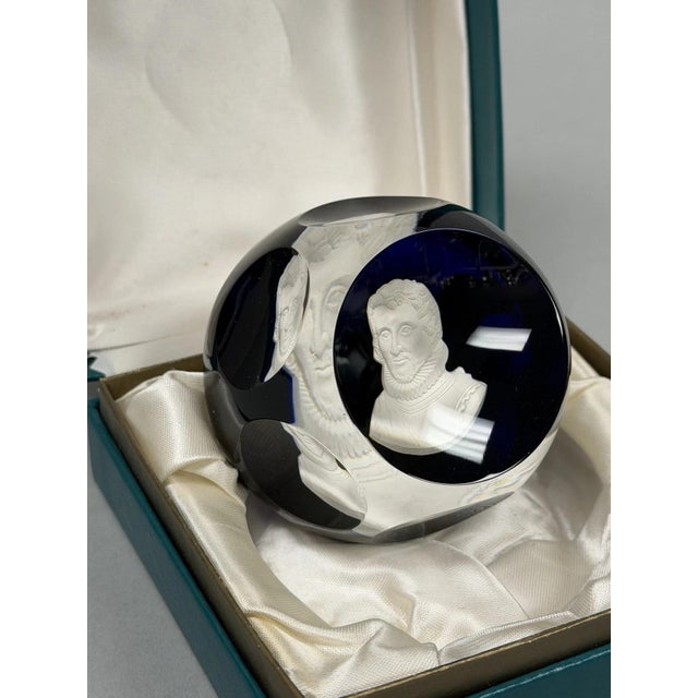 Late 20th Century Cristal d'Albret France Christopher Columbus Sulphide Paperweight Faceted Blue For Sale - Image 4 of 12