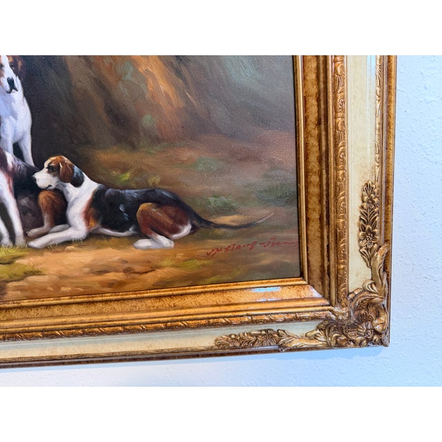 English Fox Hunting Scene Oil Painting on Canvas, Horses & Hounds, Signed Framed For Sale - Image 10 of 10