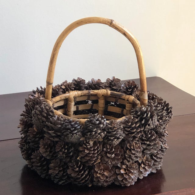 Adirondack Style Pine Cone Encrusted Bamboo Basket For Sale - Image 4 of 13