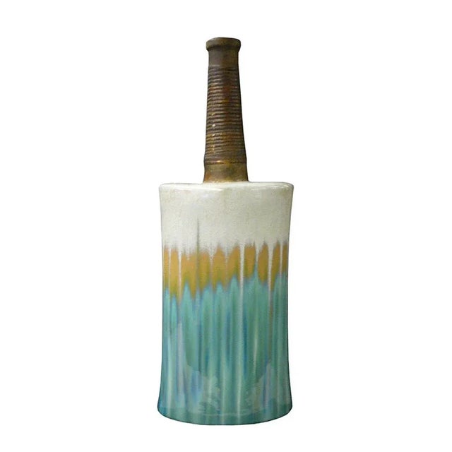 2000 - 2009 Modern Oval Shape Flat Tall Neck Ceramic Turquoise Bamboo Decor Vase For Sale - Image 5 of 5