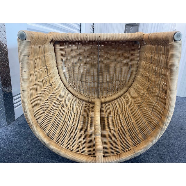 Vintage Organic Modern Wicker Pedestal Dining Table & 4 Barrel Chairs, 48” Glass Top For Sale - Image 17 of 17