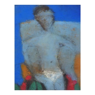 Contemporary Abstract Figure in Blue Pastel Painting For Sale