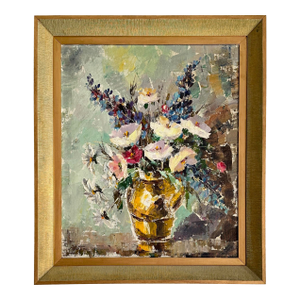 Mid 20th Century Signed Floral Still Life Original Art in Gilded Frame