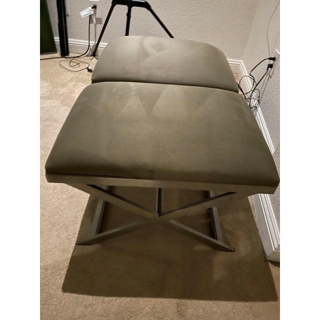 Ethan Allen pair of taupe tan ottoman footstools with silver brushed nickel cross legged / cross base x legs.