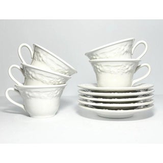 1940s Homer Laughlin “Vintage (Grape)” 5 White Ceramic Teacups & Saucers For Sale