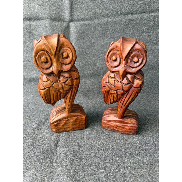 Vintage Carved MC Wooden Owls a Pair For Sale - Image 12 of 13
