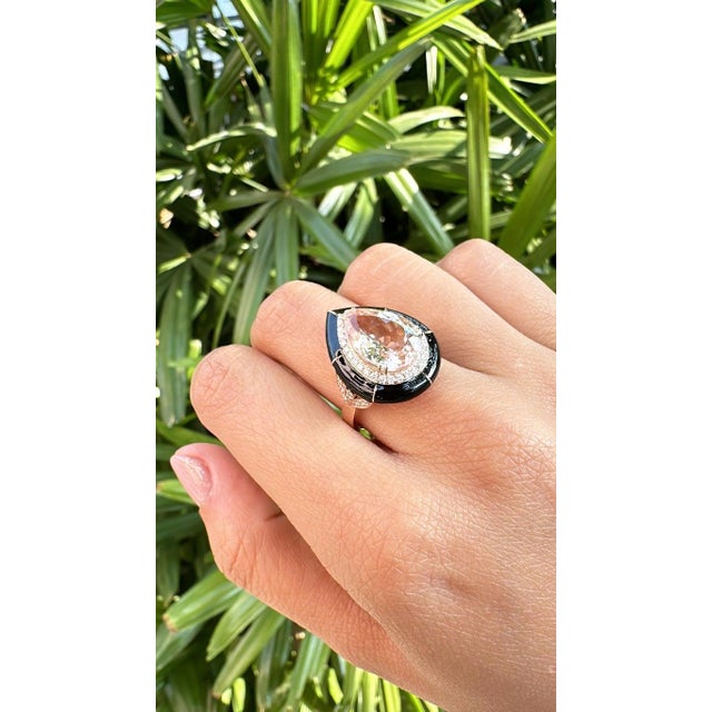 Metal Set in 18k Rose Gold, Morganite, Black Enamel & Diamonds Engagement Ring, Us Size 6 For Sale - Image 7 of 10