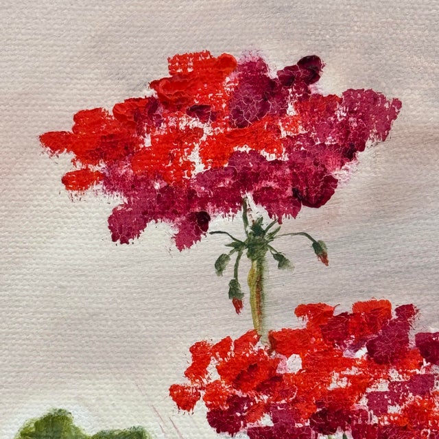 1970s Vintage Floral Still Life Oil Painting Red Geraniums in Ornate Gilt Frame - Signed by David For Sale - Image 5 of 12