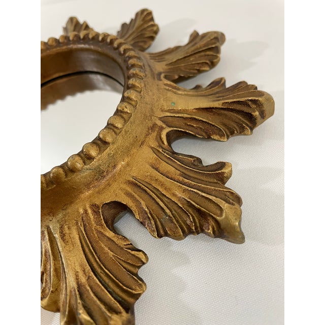 Glass Vintage 1960s Petite 8.5" Acanthus Leaf Sunburst Wall Mirror For Sale - Image 7 of 16