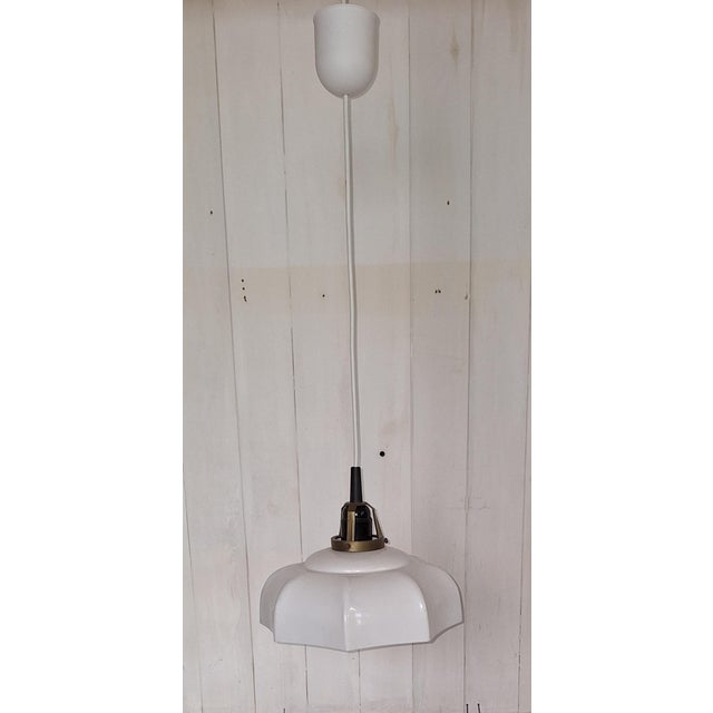 Vintage Ceiling Lamp with White Segmented Metal Shade on Brass Mount, 1990s, in Very Good conditions. Designed 1990 to...