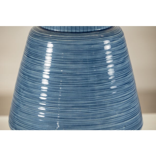 Ceramic Artisan Blue-Glazed Ceramic Vase with Ribbed Surface and Tapering Form For Sale - Image 7 of 18