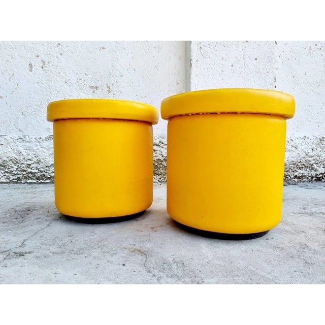 Set of Mid-Century Yellow Leather Poufs, Italy, 1980s For Sale - Image 12 of 12