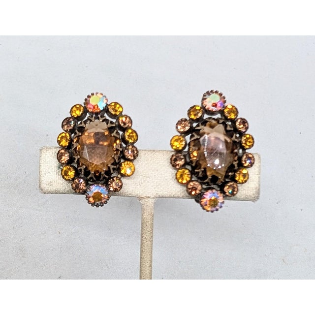 1960s Vintage 1960s Signed Kramer of Ny Faux-Topaz & Orange Aurora Borealis Clip Earrings-2 Pieces For Sale - Image 5 of 9