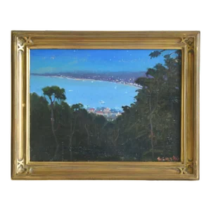 Silvio Silvestri, Listed Artist California Starry Nighttime Coastal Seascape Landscape Oil Painting Including the Antiqued Gold Frame