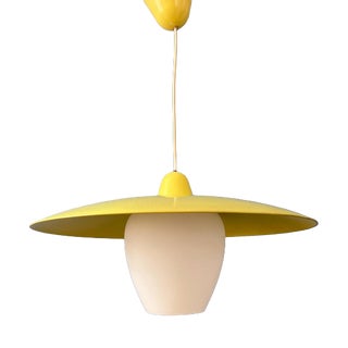 Mid-Century Modern Opaline Glass Pendant Lamp with Yellow Metal Shade For Sale