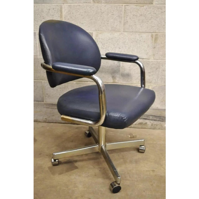 Vintage Chromcraft Mid Century Modern Blue Vinyl Rolling Office Desk Chair (B). Item features rolling casters, original...