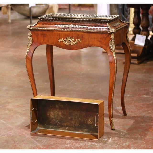 19th Century French Louis XV Veneer Jardinière With Bronze Ormolu Mounts & Zinc Tray For Sale - Image 14 of 17