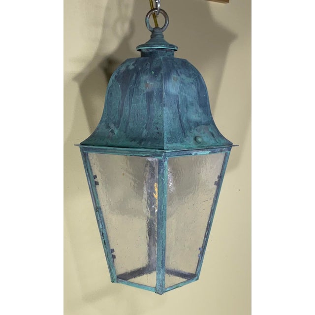 Single Small Vintage Solid Brass Hanging Lantern- 17”h X 7”.5 X 7”.5 For Sale - Image 10 of 11
