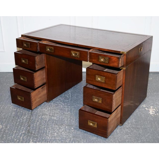 Military Campaign Twin Pedestal Desk with Brown Leather Top For Sale - Image 6 of 14