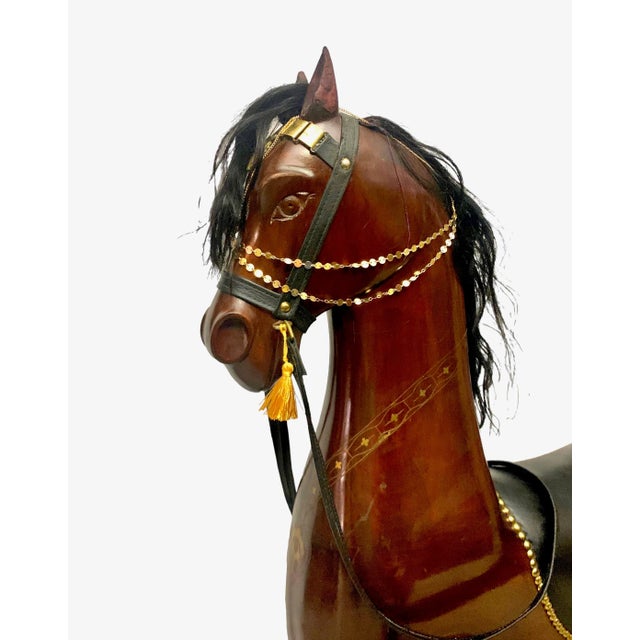 Mid 20th Century Vintage Large Heavy Wooden Rocking Horse With Brass Leather and Hair Accent For Sale - Image 5 of 8