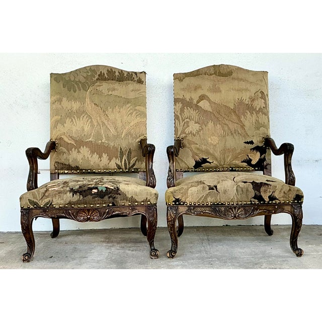 Vintage 18th Century French Baroque Tapestry Arm Chairs - A Pair For Sale - Image 9 of 12