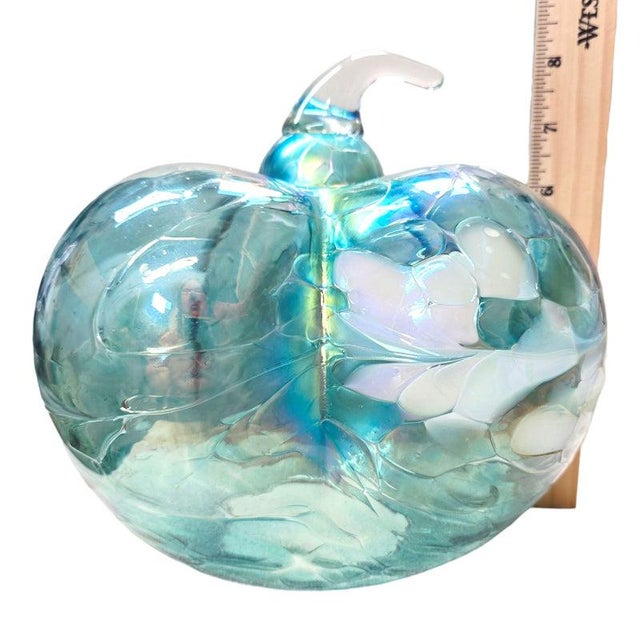 Iridescent Aqua Blue & White Swirled Art Glass Pumpkin Sculpture For Sale - Image 4 of 10