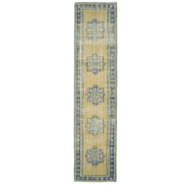 Vintage Turkish Hand-Knotted Wool Cotton Yellow Runner For Sale - Image 9 of 9