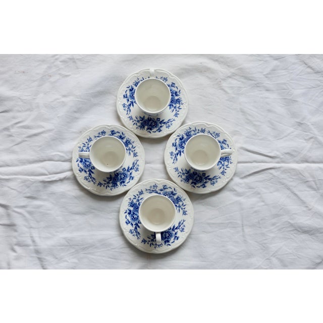 Antique Blue and White Earthenware Cups and Saucers from Sarreguemines, 1980s, Set of 8 For Sale - Image 6 of 7