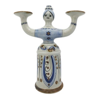 Ken Edwards El Palomar Blue Tonala Mexico Folk Figural Pottery 2 Arm Candelabra For Sale