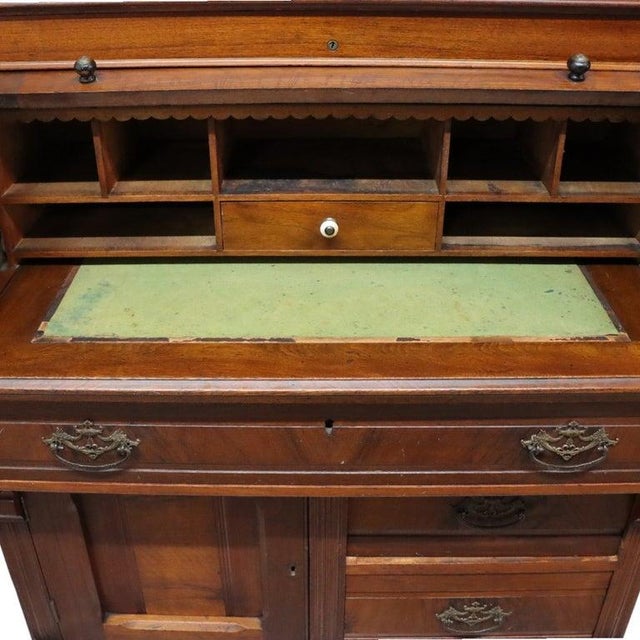 Late 19th Century Victorian Walnut & Burl Roll Top Secretary Desk C1880 For Sale - Image 5 of 13