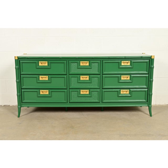 Mid-Century Hollywood Regency Campaign Green Lacquered Faux Bamboo Triple Dresser or Credenza by Stanley, Newly Refinished For Sale - Image 16 of 16