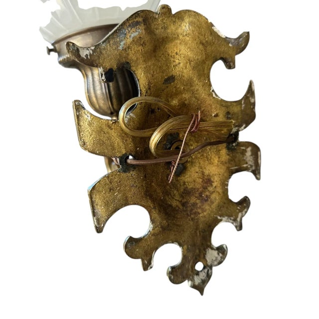 Mid 20th Century Cast Brass and Ribbed Milk Glass Wall Sconces For Sale - Image 4 of 4