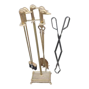 Six-Piece Mid-Century Duck Heads Brass Fireplace Tools Set