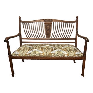Antique C. 1900 Edwardian Sheraton Revival Carved Wood Settee, Newly Upholstered For Sale