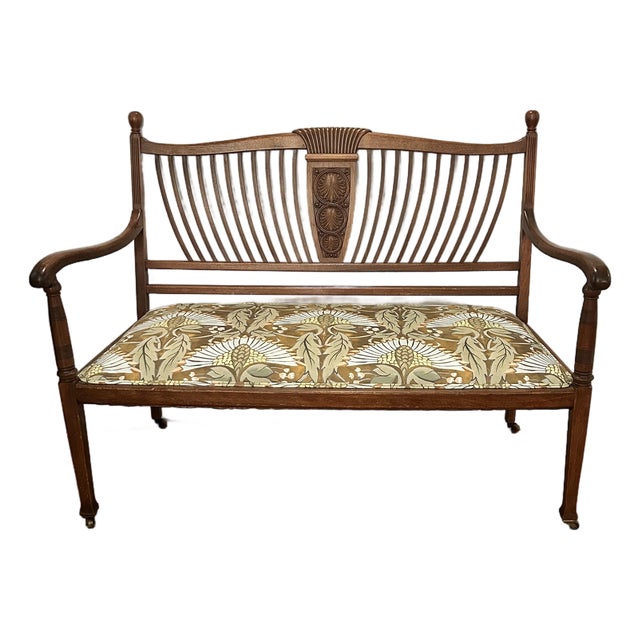 Antique C. 1900 Edwardian Sheraton Revival Carved Wood Settee, Newly Upholstered For Sale