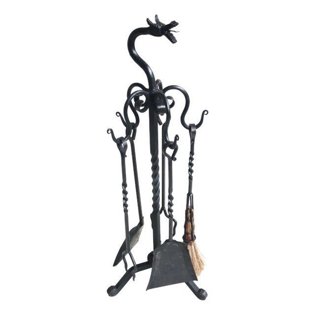 Spanish Gothic Revival Fireplace Tool Set in Hand-Forged Wrought Iron with Dragon Head, 1920, Set of 6 For Sale