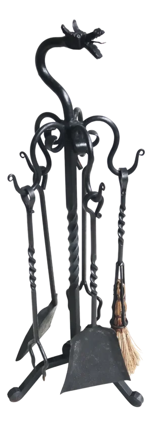 Spanish Gothic Revival Fireplace Tool Set in Hand-Forged Wrought Iron with Dragon Head, 1920, Set of 6
