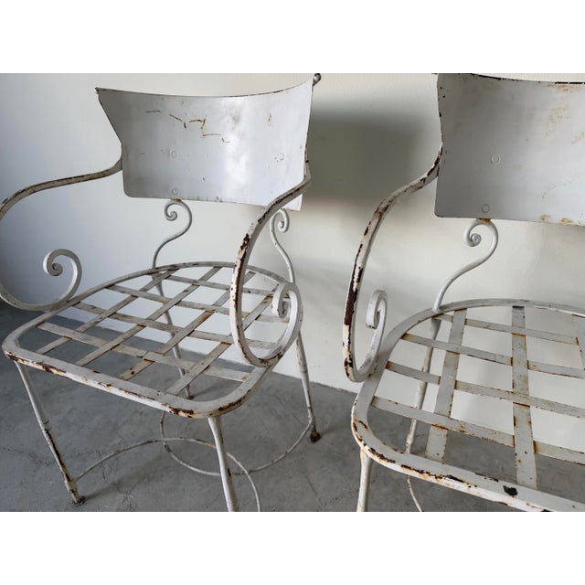 Pair of Vintage Arhaus White Metal Garden Dining Armchairs With Scroll Arms For Sale - Image 9 of 12